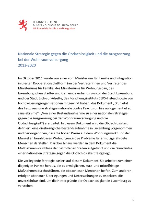 Nationale Strategie gegen die Obdachlosigkeit und die Ausgrenzung bei der Wohnraumversorgung 2013-2020