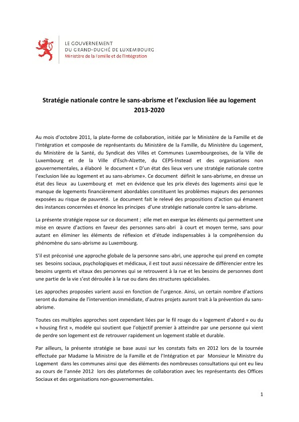 Stratégie nationale contre le sans-abrisme et l'exclusion liée au logement 2013-2020 